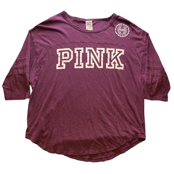 PINK Victoria's Secret Shirt‎ Womens Large 3/4 Sleeve Spell Out Logo Maroon - Picture 1 of 7